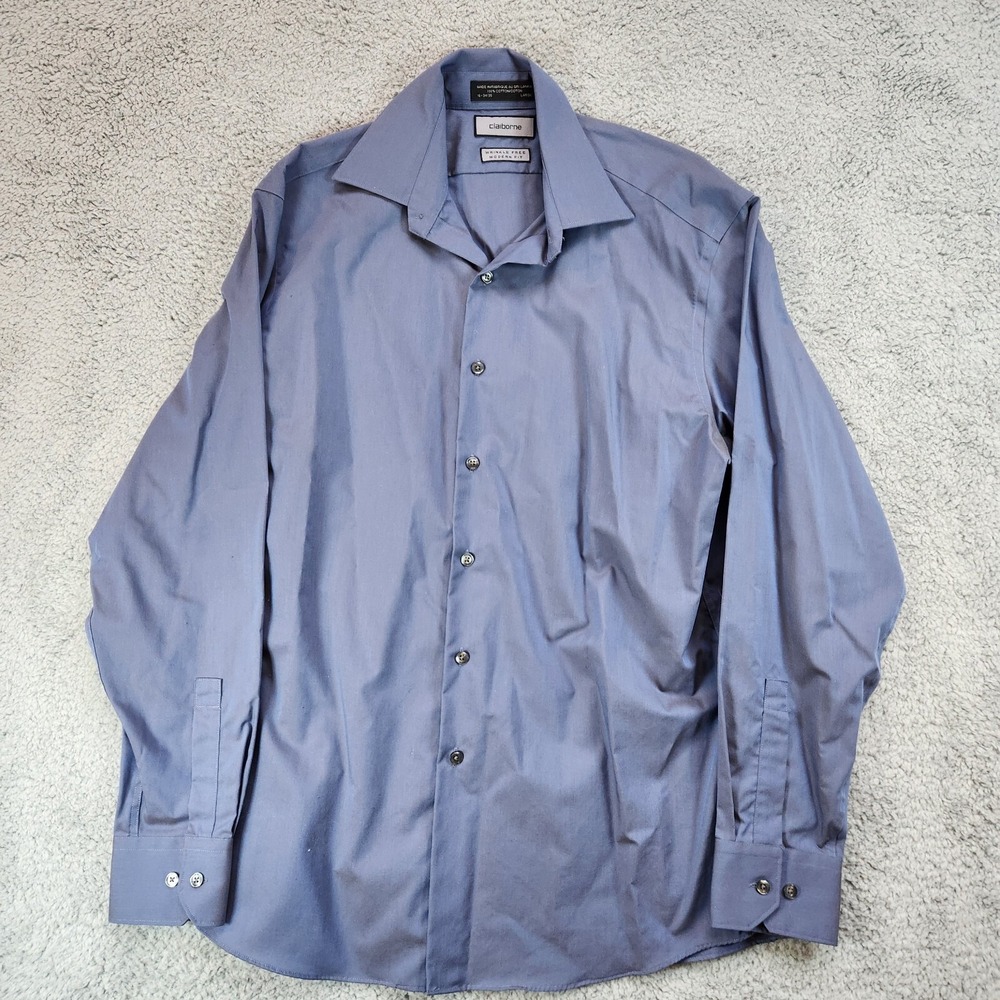 Claiborne Dress Shirt Men's 16-34/35 Blueish Gray Modern Wrinkle Free Button Up